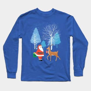 Christmas Scene with Santa and Reindeer Long Sleeve T-Shirt